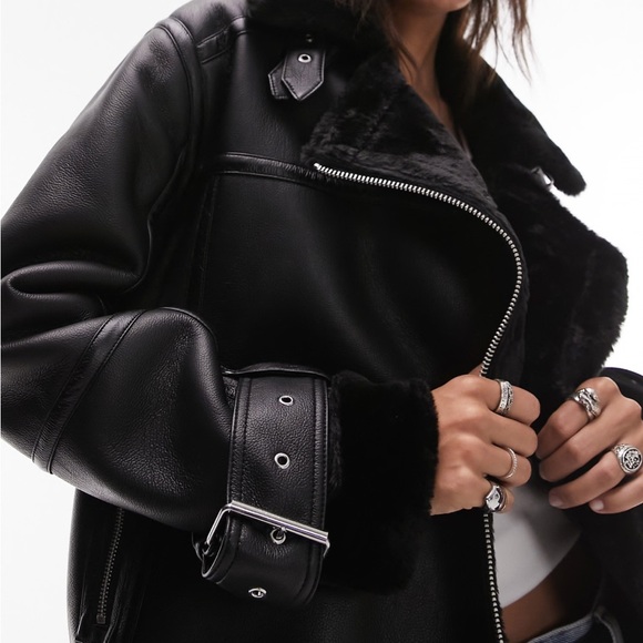 Topshop Oversized Leather Jacket - Aviator Biker Jacket with Faux Fur - Picture 2 of 7
